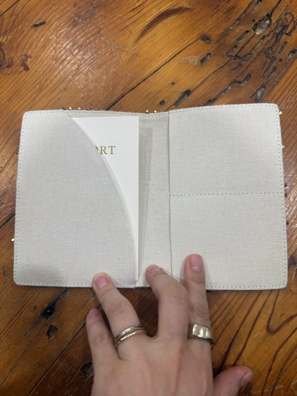 Anthropologie Cream Canvas Passport Sleeve with Gold Beaded Accent